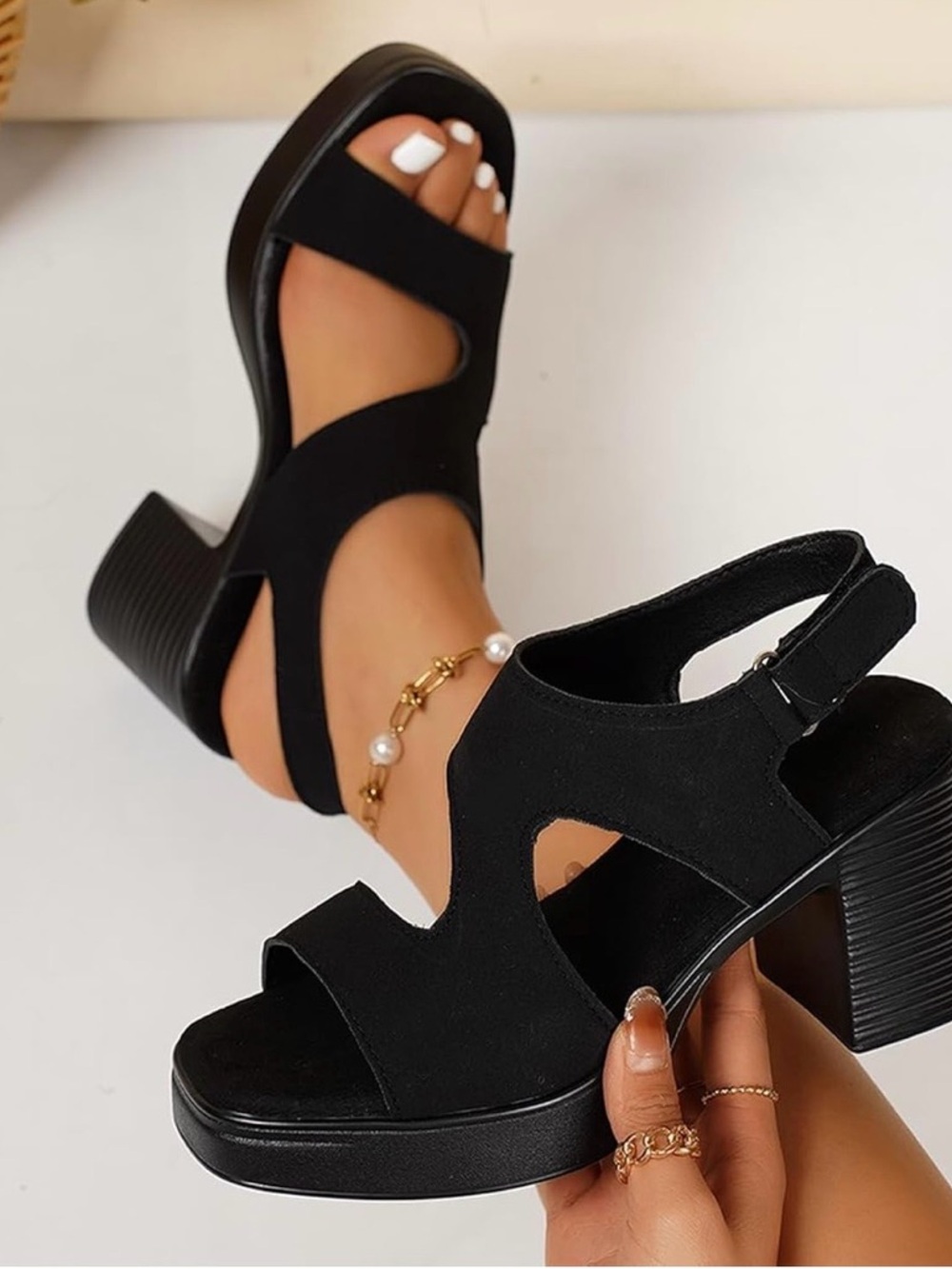 Chunky Black Platform Heel Sandals for Women